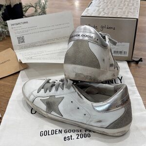 Golden Goose White and Silver Star Sneakers